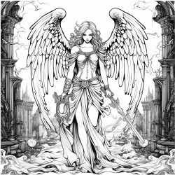 a gothic angel holding a sword standing in a graveyard with gothic arches in the background