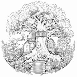 a beautiful garden with a big tree in the middle