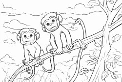 coloring book design there were two monkeys climbing a tree in the forest