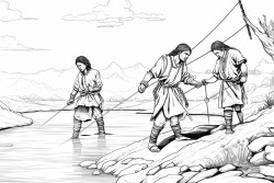 native americans crossing a river on foot using a grapevine as a rope to keep them connected