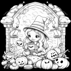 a coloring page doodle style for the spooky season for the girls with a cozy vibe
