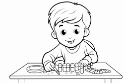 a little boy painting rainbows on a table with many colors