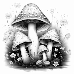 mushrooms with glowing spots and cosmic dust floating around them