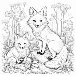 create a blackandwhite coloring page featuring foxes in a wooded area the foxes should have bold outlines with different poses like one resting and another exploring include simple tree and plant details to depict the forest but leave large areas for easy coloring