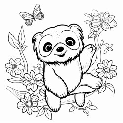cute sloth hanging from a forest tree with flowers and butterflys