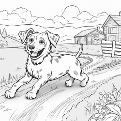 a dog running on a farm with nature in the surroundings