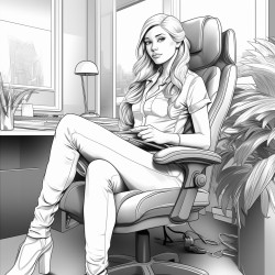 1 elf woman wearing short shorts sitting in office chair in executive apartment