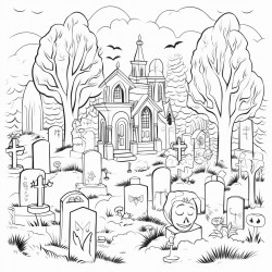 a pastel goth graveyard with colorful headstones and ghostly figures