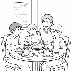 family sitting around kitchen table eating pie