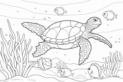 1 sea turtle 1 octopus 1 shark  5 small fish over a coral reef