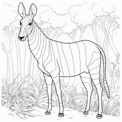 an okapi standing quietly among dense forest trees its zebralike legs clearly visible among the leaves
