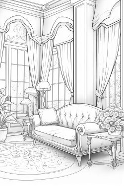 art deco living room tall windows floral curtains