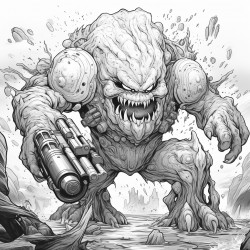 monster made of lava shooting a lava minigun