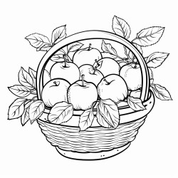 a basket of freshly picked apples with a few leaves scattered around