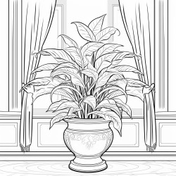a peace lily house plant in a large ornate detailed pot with a living room background