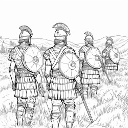 5 roman centurions turned to the side from behind in a field wearing armor
