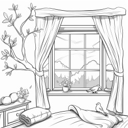 inside of bedroom big window with tree outside bird nest