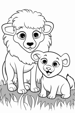 a cute sheep and a cute lion sitting on the land posing