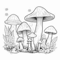 create a blackandwhite coloring page of mushrooms growing on a forest floor show mushrooms of various shapes and sizes with bold outlines nestled among simple details like leaves small rocks and grass keep the design uncluttered with large spaces