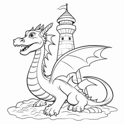 a dragon flying behind a lighthouse