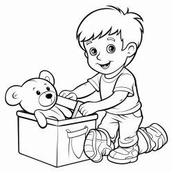 a 3year old boy putting toys in his toy box