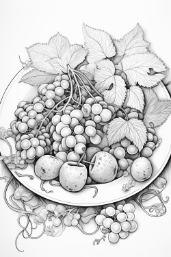 create a blackandwhite coloring page illustration featuring an clair on a beautiful plate elegantly decorated with berries the design must have maximum clarity in detail showcasing the textures layers and decorations of the clair making it suitable for coloring