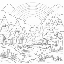 a magical forest landscape with a rainbow