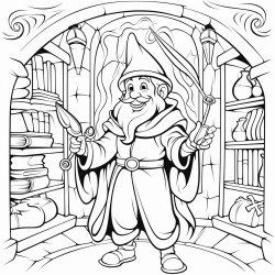 happy wizard in a magic room