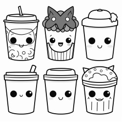 6 takeaway cups with different faces in kawaii styl