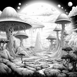 mushroom planet with alien dinosaurs running across and landscape where a volcano is erupting in the background
