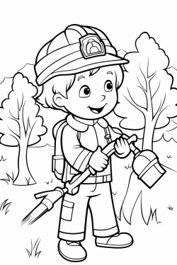 a child dressed as a french firefighter uses a hose to put out a small forest fire and save animals