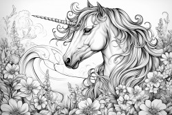 a unicorn playing in a flowery meadow