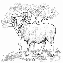simple black and white line drawing crayon coloring page style anima style large ram turning left on his hind legs slightly facing left around large apple tree his head looking down to his right