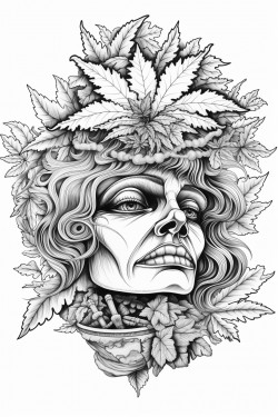 stoner culture themed images surrounded by cannabis leaves