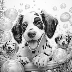 dogs playing with owner surrounded by bubbles