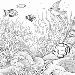 a calming coral reef with many kinds of tropical fish and ocean wildlife