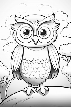 smiling cartoon drawn owl standing in front of a sunrise