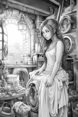 a girl fairy is doing laundry in a fantasy house