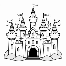 image with black lines on a white background illustrating a a spooky castle outline for coloring in large basic shapes coloring book style no solid fill ample white space for easy coloring ideal for kids coloring books enhanced line clarity