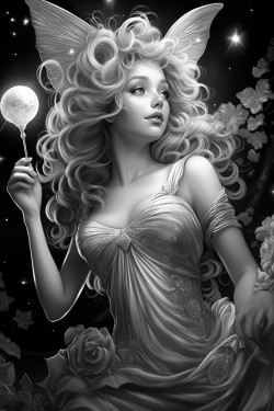 a magical fairy flying through the night starry sky with her wand