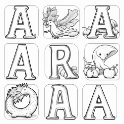 a colouring page of ten different images that start with the letter a