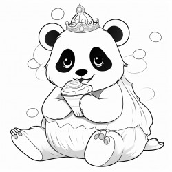 teenage panda with long eyelashes wearing a princess tiara eating a large ice cream cone on the beach