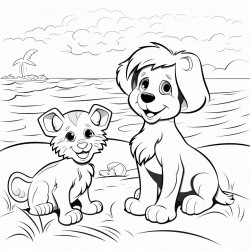 a lion and a dog playing with a butterfly in the beach