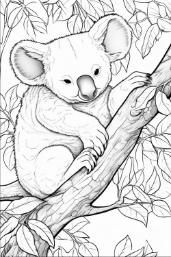a sleepy koala sitting on a tree branch