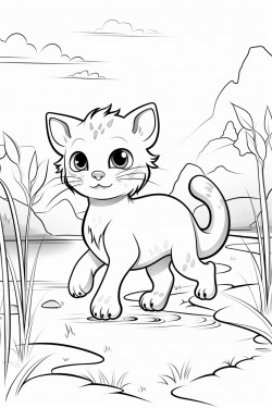cute little cat walking in a froest with river at the side
