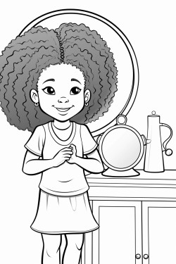 a little black girl with big afro looking at herself in the mirror smiling