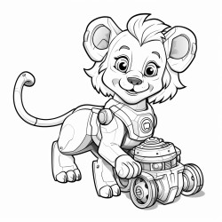 lion playing with a robot