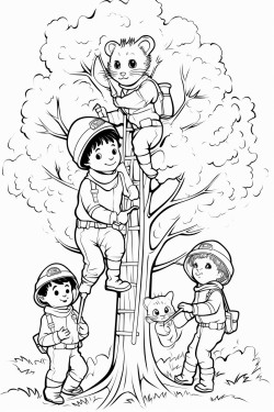 a group of children dressed as french firefighters rescuing a kitten from a tree