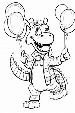 an alligator holding balloons dancing with a zebra at a tea party