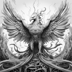 blackandwhite line art depicting a phoenix ascending from a base of abstract flames made of shattered shapes